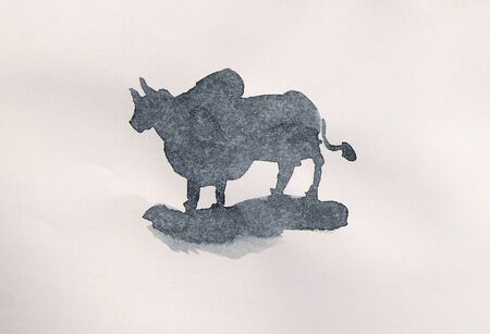 Bull watercolor isolated illustration, traditional style paintingの写真素材