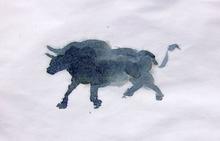 Bull watercolor isolated illustration, traditional style paintingの写真素材