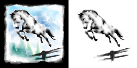 Jumping Horse high resolution traditional watercolor look digital hand drawn illustrationの写真素材