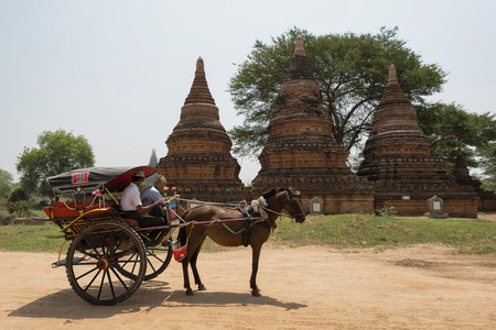 Horse carriage for rent in Bagan, Mandalay Region, Myanmarの写真素材