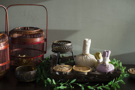 Herbal Compress balls and other spa ingredients for Thai massageの写真素材