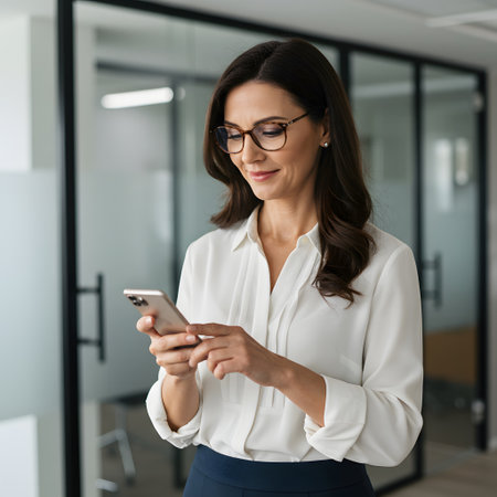 Professional woman texting on phone in modern officeの素材