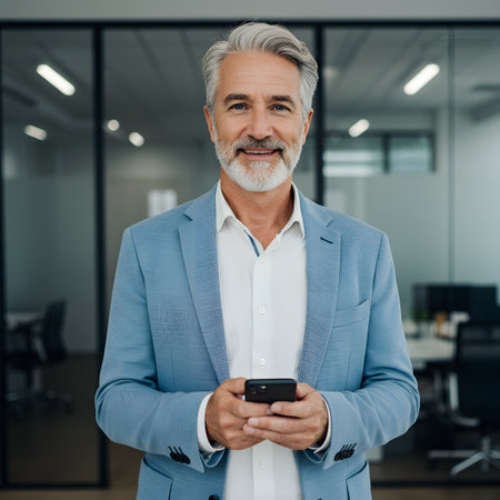 Smiling senior businessman holding a smartphone in an officeの素材