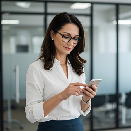 Confident businesswoman using smartphone in modern officeの素材