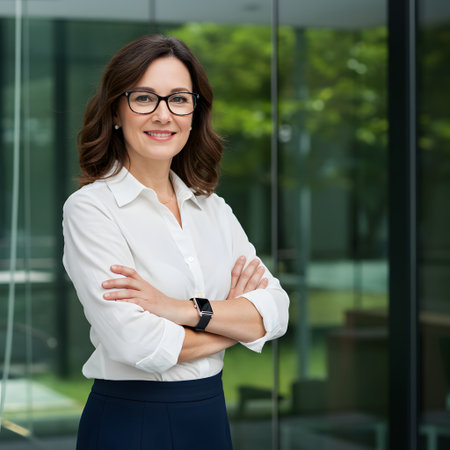 Confident woman in business attire with arms crossedの素材