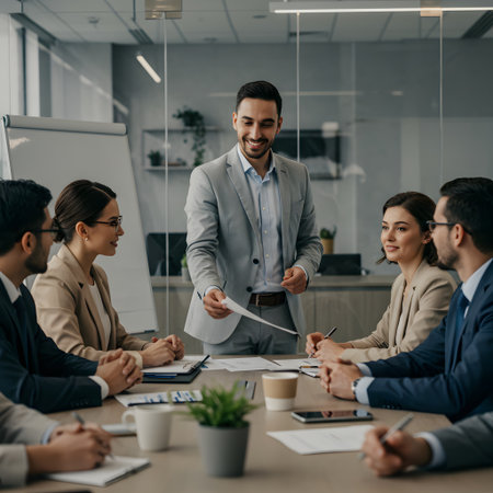 Diverse business team collaborates in a modern office meetingの素材