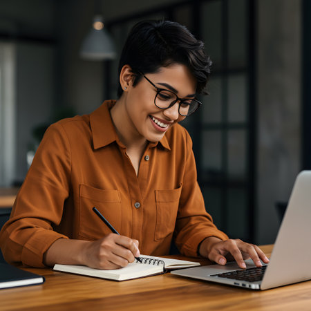 Young woman focused on work at her laptop and notebookの素材