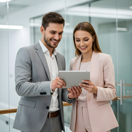 Smiling business colleagues collaborating on a tablet in a modern officeの素材