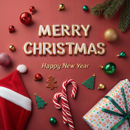 Merry Christmas and Happy New Year Greeting Card. Xmas Decorations and Gifts on Red Background.の素材