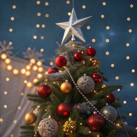 Christmas tree with red and golden balls and star on bokeh backgroundの素材