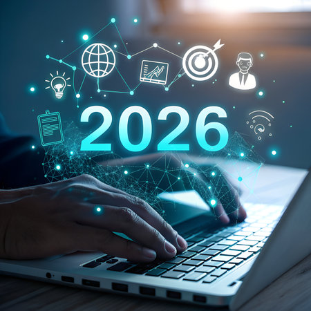 Businessman using laptop with new year concept on screen. 3D renderingの素材