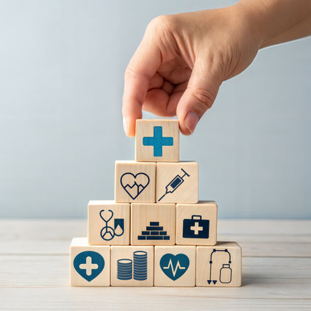 Health care and medical icons on wooden cubes. Healthcare and medical concept.の素材