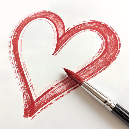 Red heart drawn with a brush on a white sheet of paper.の素材