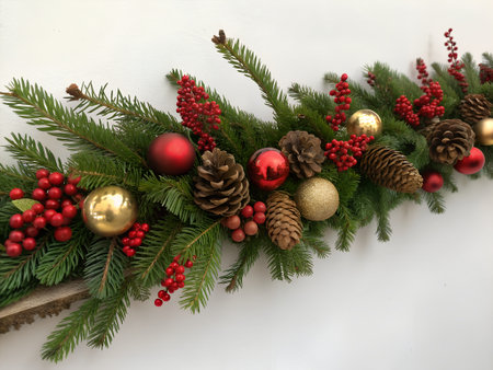 Christmas decoration with fir tree branches and red berries on a white backgroundの素材