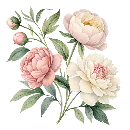 Beautiful vector card with peony flowers. Hand drawn illustration.の素材