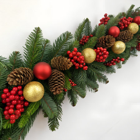 Christmas decoration with evergreen branches, pine cones and berries on white backgroundの素材