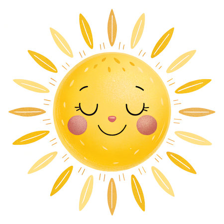 Cute sun with eyes closed on white background. Vector illustration.の素材