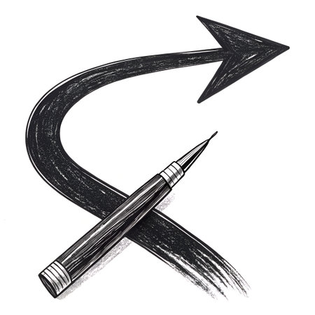Pencil drawing a road with a black arrow on a white backgroundの素材