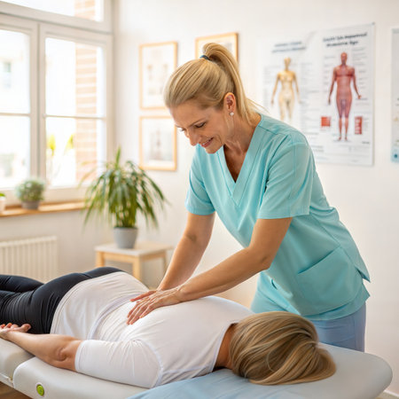 Female physiotherapist doing back massage to a patient in a clinicの素材
