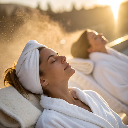 Two young women in bathrobes sunbathing and having funの素材