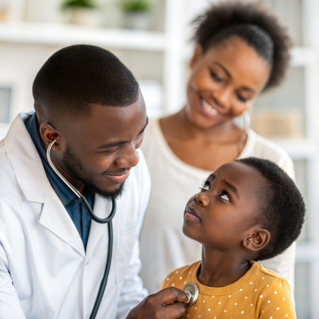 happy african american doctor with stethoscope and little girl at clinicの素材