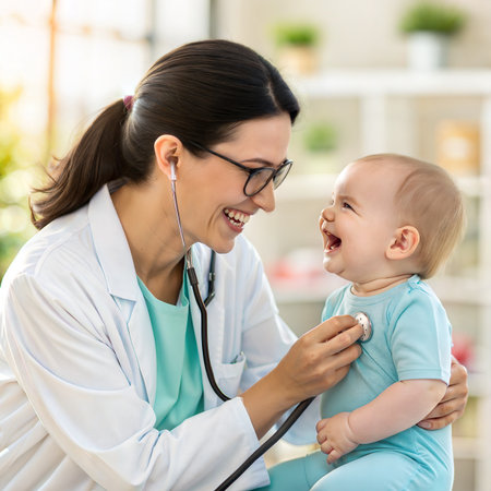 smiling doctor with stethoscope and little baby at medical officeの素材