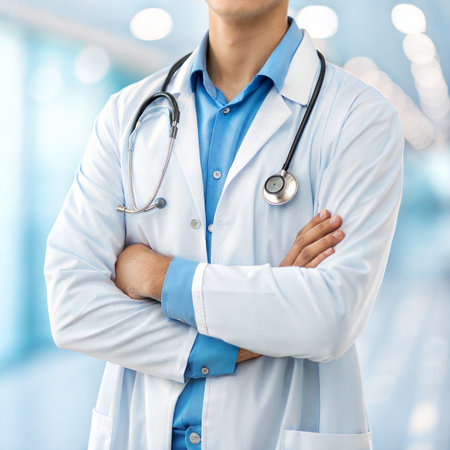 close up of male doctor with stethoscope on the hospitals backgroundの素材