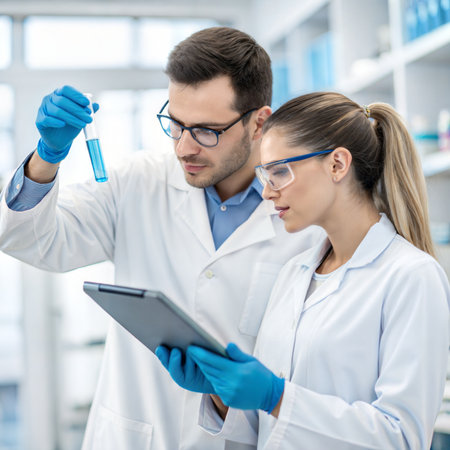 science, chemistry, biology, medicine and people concept - scientists with test tubes making research in clinical laboratoryの素材