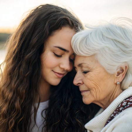 Portrait of a happy senior woman with her daughter at sunset.の素材