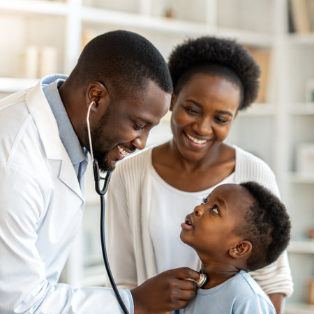 happy african american family doctor with stethoscope listening to little boyの素材