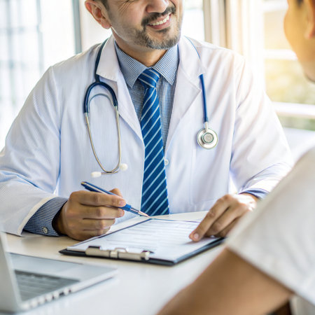 Doctor and patient discussing something while sitting at the table. Medicine and health care concept.の素材