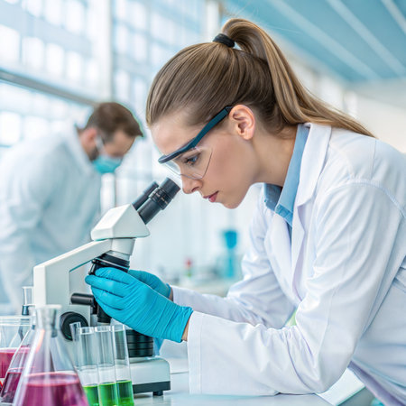 Female scientist working with microscope in laboratory.Science, chemistry, biology, medicine and people concept.の素材