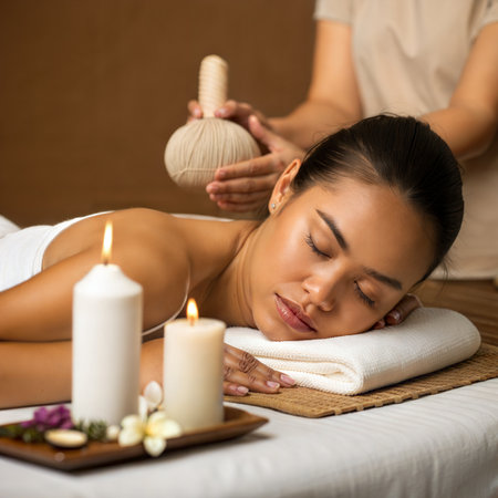 Beautiful young woman having a massage in a spa salon. Beauty treatment concept.の素材