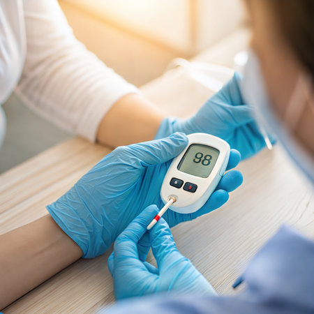 Doctor measuring blood sugar level with glucometer. Healthcare and medical concept.の素材