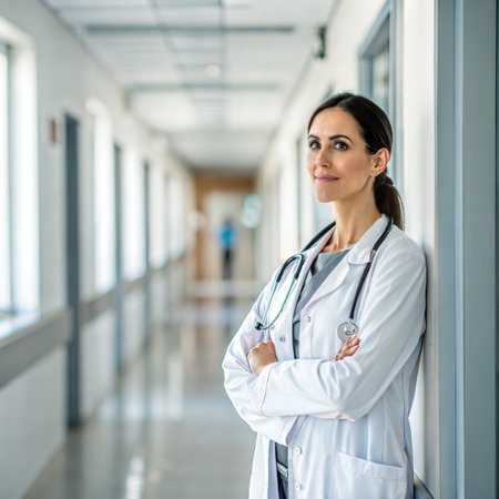 Portrait of a female doctor standing with arms crossed in hospital corridorの素材