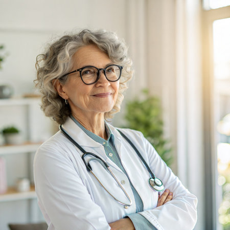 Portrait of smiling senior female doctor with stethoscope at workplaceの素材