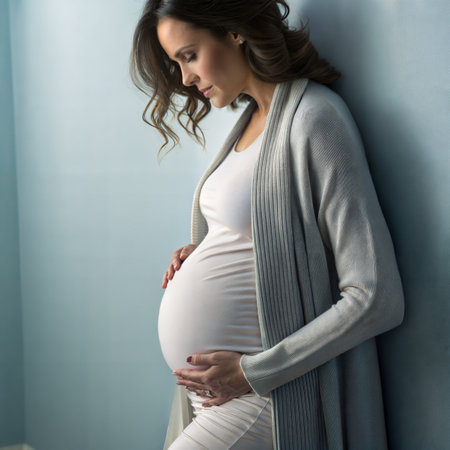 Pregnant woman with hands on her belly in a gray sweaterの素材