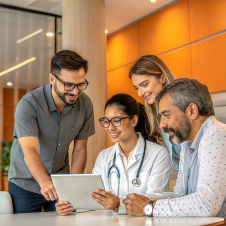 Group of doctors and nurses working together on a digital tablet in a hospitalの素材