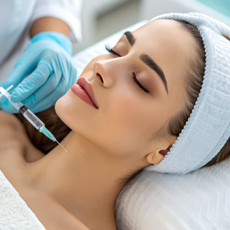beauty, people, cosmetology and skincare concept - close up of beautiful young woman with closed eyes receiving beauty injections in spa salonの素材