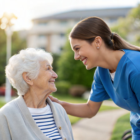 Caregiver helping senior woman to walk in the park at sunsetの素材
