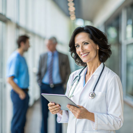 Portrait of a smiling mature female doctor using digital tablet in hospital corridorの素材