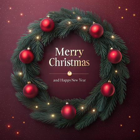 Christmas wreath with red baubles on dark background. Vector illustration.の素材