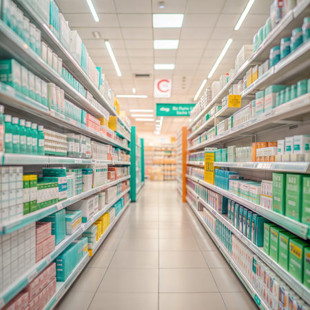 Supermarket aisle with shelves of pharmaceutical products. Shallow depth of fieldの素材
