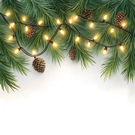 Christmas lights with pine branches isolated on white background. Vector illustration.の素材