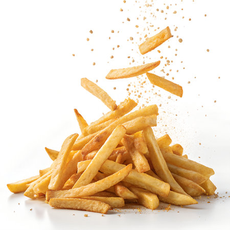 Golden French fries isolated on a white background. Fast foodfood.の素材