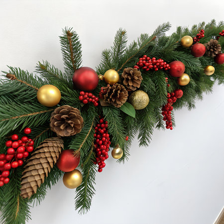 Christmas decoration with fir branches, red and golden balls, cones and berries on white backgroundの素材