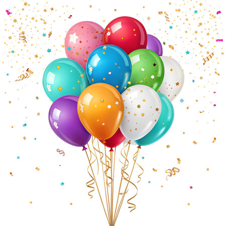 Birthday balloons with confetti and ribbons. Vector illustration.の素材