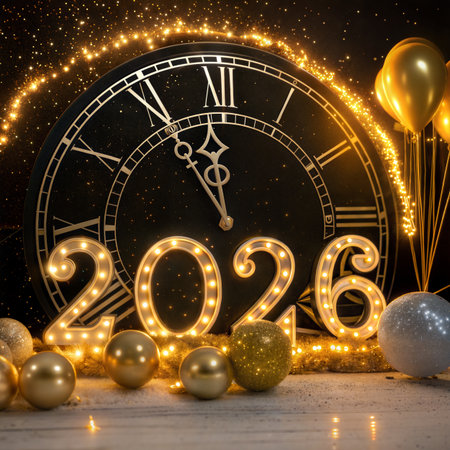 Happy New Year 2016. Festive background with clock and golden numbers.の素材