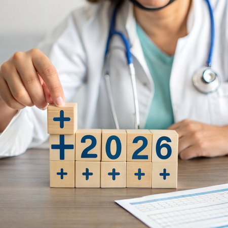 Female doctor stacking wooden blocks with numbers 2020 and 2021. Healthcare and medical concept.の素材