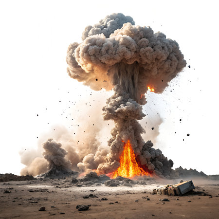 Big explosion with smoke and ash on a white background. Isolatedの素材